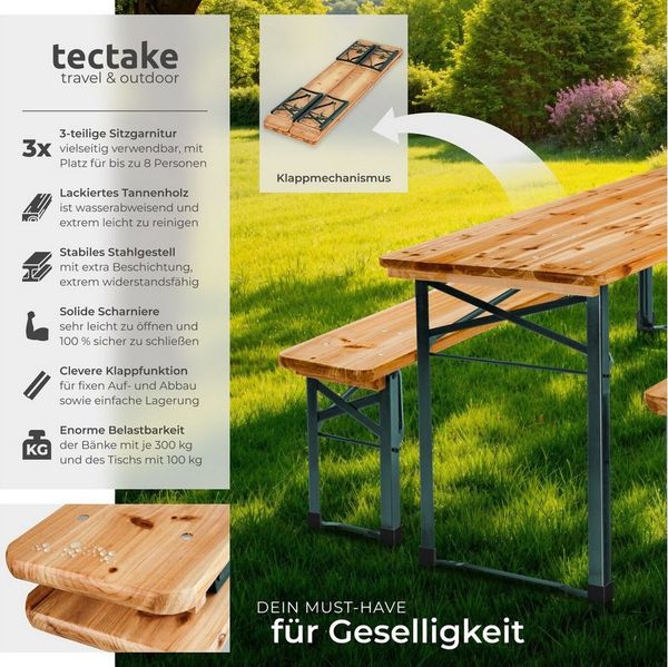 tectake Bierzeltgarnitur Bierzelt-Set "Sissi" - Klappbar für bis zu 8 Personen, (Set, 3-tlg, Optik klassisch in Braun), Widerstandsfähige Stahlgestelle mit schützender Beschichtung