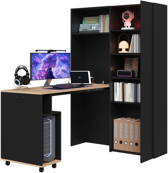 Flieks klappbarer 2-in-1 Schreibtisch mit Bücherregal 104,5 × 30,5 × 160 cm, Eck-Schreibtisch rechts, mit Steckdose & USB, Schwarz