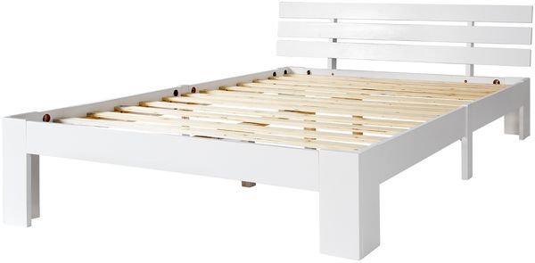 Massivholz Doppelbett 140x200cm aus Kiefer, Holz Bettgestell mit 3-Stirn Kopfteil & Lattenrost, Weiß lackiert, minimalistisches Doppelbett ohne Matratze