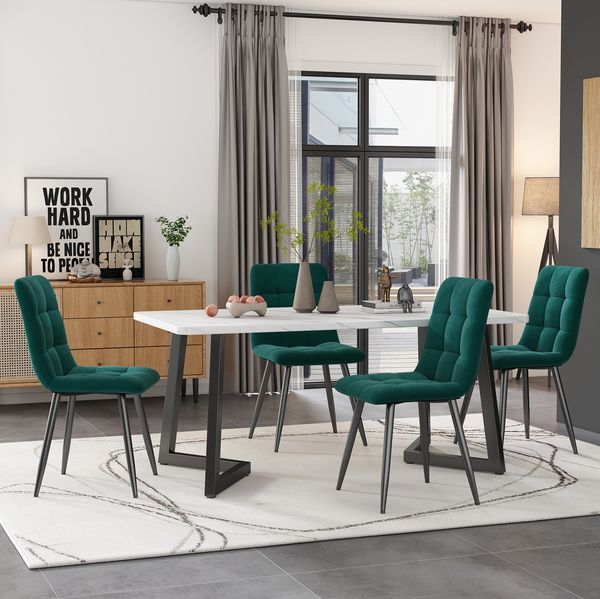 Esstischgruppe H 75 x T 68 x B 117 cm in Marmoroptik mit 4 Samtstühlen, modernes MDF-Set