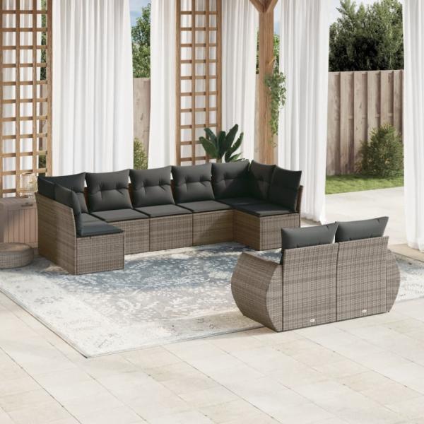 vidaXL 9-tlg. Garten-Sofagarnitur mit Kissen Grau Poly Rattan 3221819