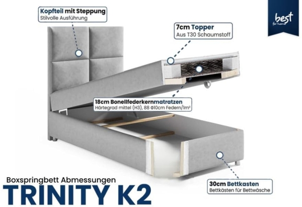 Best for Home Boxspringbett K2 SINGLE mit Bettkasten mit Lieferung (Grun 70x200) Bild 4