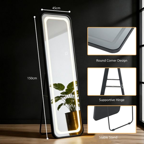 WILGOON Spiegel Ganzkörperspiegel mit LED-Licht 150×45 cm – Stand- oder Wandmontage (Eckiger Spiegel mit Stufenlos dimmbarer Beleuchtung, 3 Lichtfarben & Touch-Schalter für Schminken und Ankleiden), Schlanker Aluminiumrahmen, Schwarz – für Schlafzimmer...