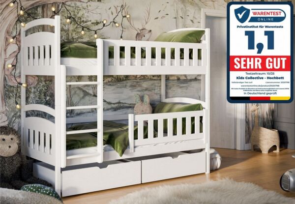Kids Collective Etagenbett Hochbett Kinderbett 90x200 umbaubar in zwei Einzelbetten (Modell 2025), 90x200 cm mit zwei Schubladen Lattenrost Rausfallschutz Vollholz weiß