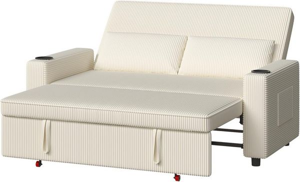 GUNJI Sofa Mit Bettfunktion, mit ausziehbarer sofas wohnzimmer, Hochwertiges Cordsofa mit zwei integrierten Getränkehaltern, ausziehbarem Doppelschlafsofa mit fünf Liegepositionen, geeignet für Wohn- und Schlafzimmer.
