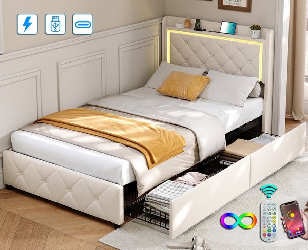 ADWOLT Polsterbett Doppelbett Stauraumbett mit Kopfteil und Lattenrost (1-tlg, Jugendbett), 90x200 cm,Mit LED-Licht und USB+Typ C,2 Schubladen,Samtstoff,Beige