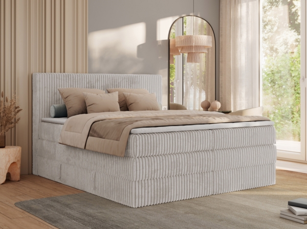 Boxspringbett, Doppelbett mit zwei Bettkästen und Multipocket-Matratze, Cord Bett - TILIANO KING - 200 x 200 cm - Hellgrau Cord - H4