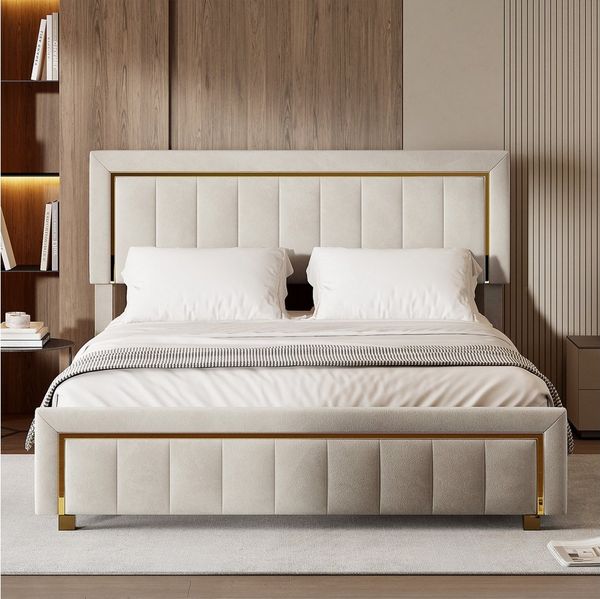 PXloue Stauraumbett Elegantes Polsterbett mit goldenen Akzenten und gepolstertem Kopfteil, Luxuriöses Design mit stabilem Gestell und hochwertigem Bezug.