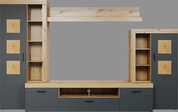 Home affaire Wohnwand Ghent, (Komplett-Set, 4-St), Mit Hirnholzapplikationen - Aufgebaut (B/T/H): 331/52/206 cm