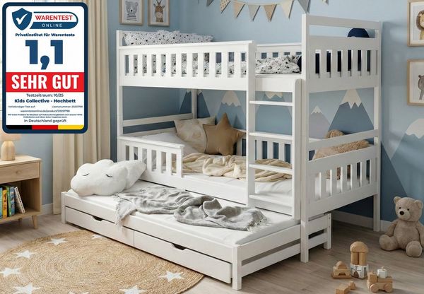 Kids Collective Hochbett 90x200 mit Ausziehbettfunktion Etagenbett Kinderbett zwei Schubladen Kinder 2 Lattenrost Rausfallschutz mit drei Matratzen in weiß