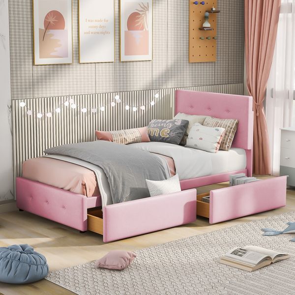 Polsterbett 90x200 cm mit Lattenrost,Stauraum-Schublade und gepolstertem Samt-Kopfteil – Rosa