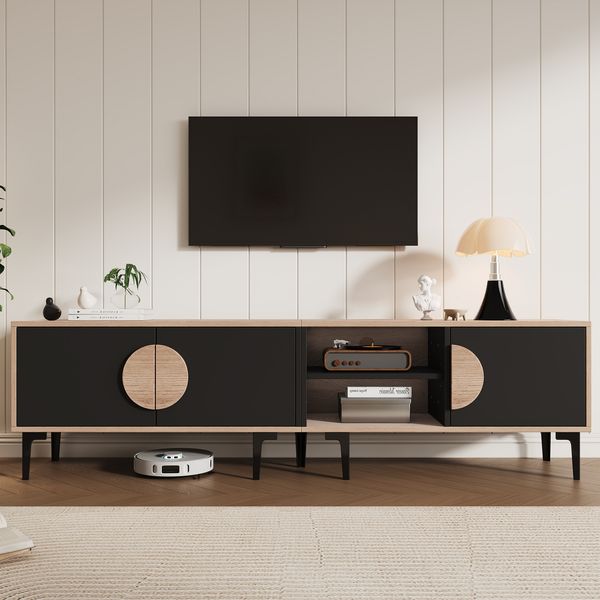 TV-Schrank 180 x 35 x 49 cm in Holzoptik und Schwarz, mit 3 Türen und 2 offenen Fächern
