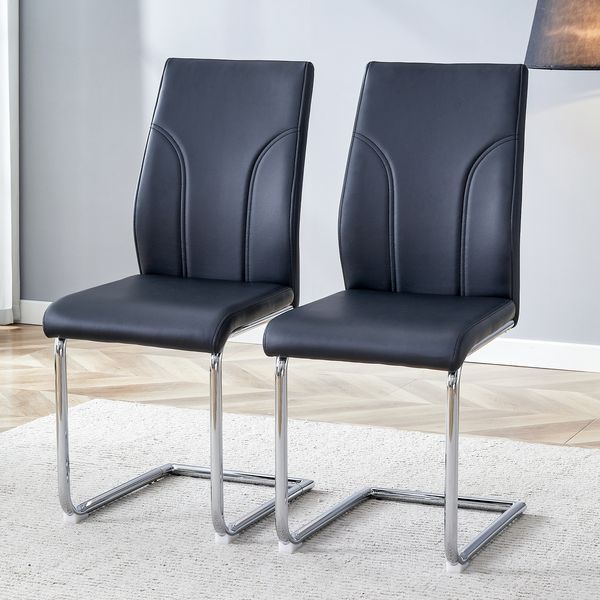 Esszimmerstühle aus schwarzem PU-Material (2er-Set),Stuhlbeine aus silbernem Metall Geeignet für Büros Restaurants Küchen Konferenzräume und andere Umgebungen,PU-Material,Schwarz,