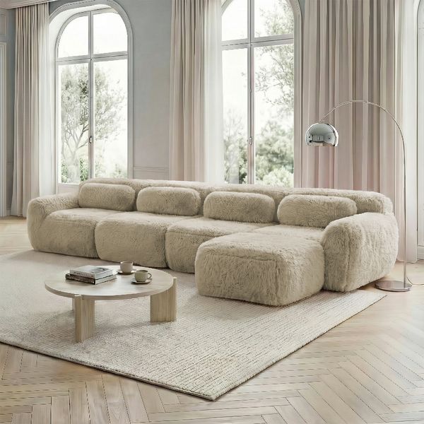 Modulares Ecksofa aus Plüsch mit Chaiselongue, beige