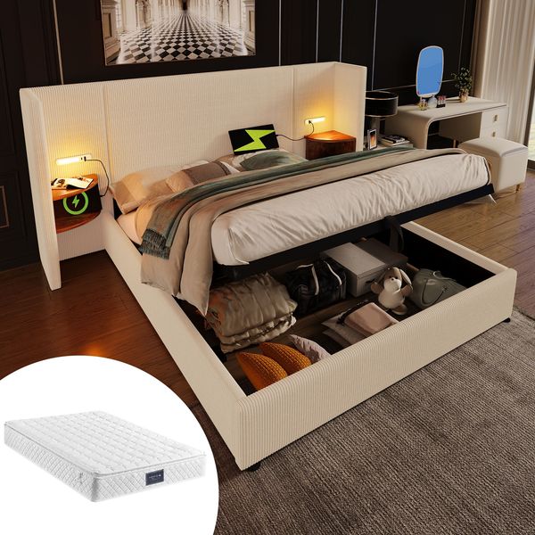 Polsterbett 160x200 cm mit Matratze, Bettkasten, USB/Type-C, Leselicht, Cord Beige-Weiß