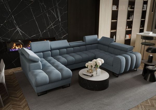 Wohnlandschaft Schlafsofa BASTIEN in Stoff Terra Türkis Ottomane Links