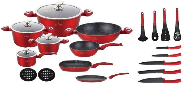 Edenberg Topf-Set 23 tlg, Modernes Topfset mit Pfannen in elegantem, intensivem Rot, Aluminium, Aluminiumguss, Edelstahl (Gönnen Sie sich dieses elegante Premium-Kochgeschirr-Set in strahlendem Rot und genießen Sie Qualität, Stil und Kochkomfort auf hö...