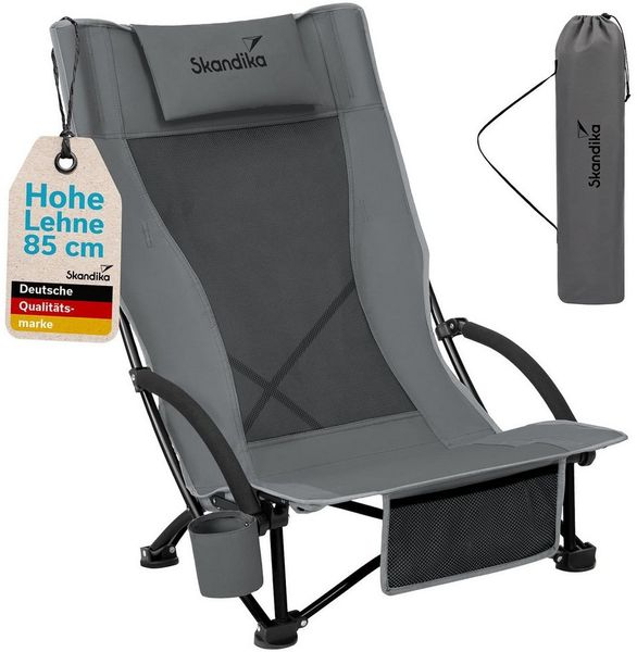 Skandika Strand Klappstuhl Beach | Bequemer Strandstuhl mit atmungsaktivem Mesh, Getränkehalter, niedrig, leicht zu transportieren, max. 136 kg | Faltbarer Campingstuhl, Liegestuhl (grau)