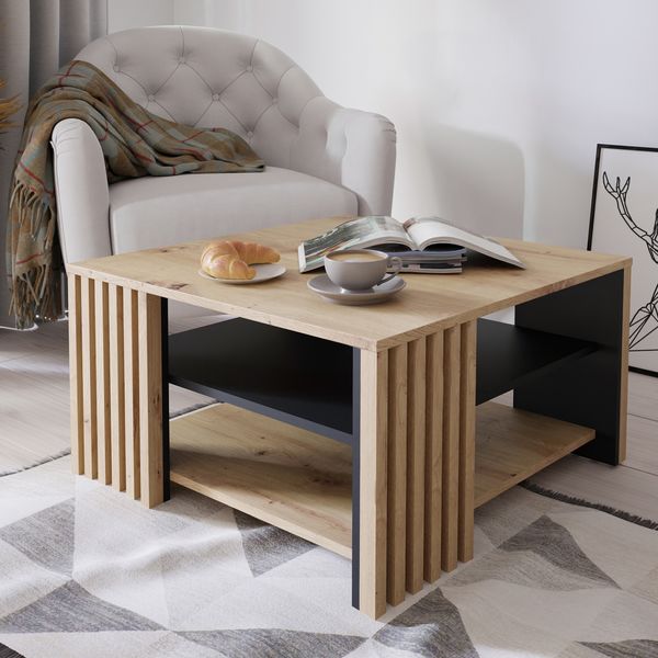 Forte CARDIGAN Couchtisch 80, moderner Sofatisch mit Ablage und Lamellendesign, Wohnzimmer, Holzwerkstoff, Artisan Eiche Holzdekor|Schwarz, 80 cm breit x 45 cm hoch x 80 cm tief