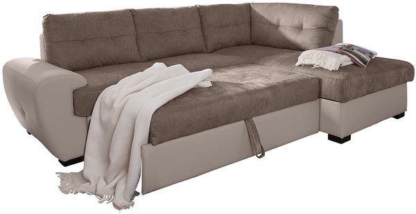 Cotta 2F-Otm/BK Rücken Echt Ecksofa, Sitz Strukturgewebe soft, 100% Korpus Kunstleder PU, 64% Polyurethan, 25% Polyester, 11% Baumwolle, 174 x 244 x 88 cm, taupe/hell beige