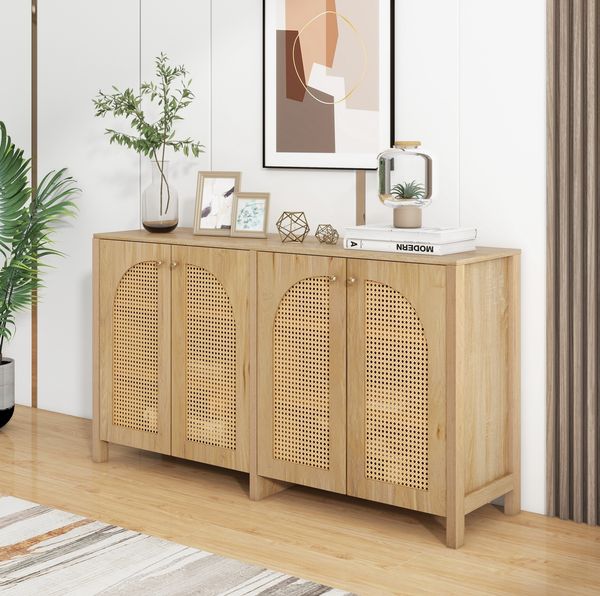 Sideboard 4-türig 145 x 40 x 80 cm mit Rattantüren und verstellbarem Regal – Natur