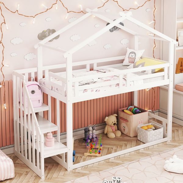 Kinder-Etagenbett aus Massivholz mit Sicherheitsleiter & Stauraum, 90x200 cm, Weiß, ohne Matratze