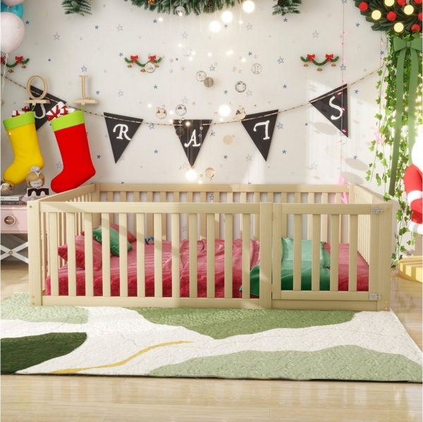 HAUSS SPOLE Kinderbett 140x200 cm Holzboden Bettrahmen mit Zaun und Tür, Holzfarbe (aus Kiefernholz mit Zaun und Tür – vielseitiges Design für Spielräume, sichere Schlafumgebung und kreatives Wohnen, ideal für Kinderzimmer und abenteuerliche Spielbereic... Bild 3