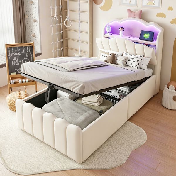Merax Kinderbett 90 x 200 cm, Polsterbett, mit hydraulischem Stauraum, Samtbezug, LED-Kopfteil mit Farbwechselbeleuchtung, USB- und USB-C-Ladeanschlüssen, aufklappbarem Kopfteil, Beige