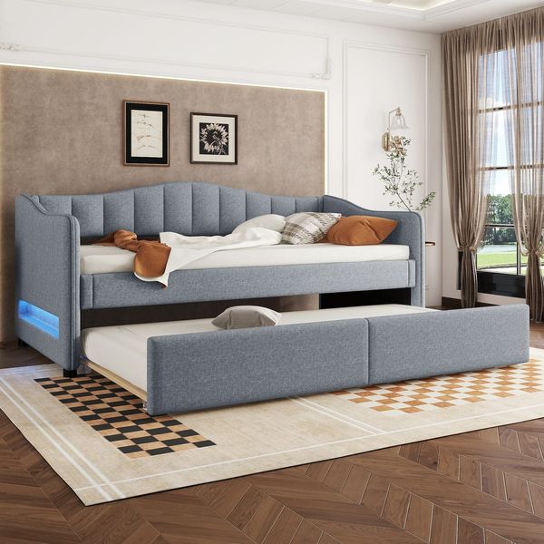 Schlafsofa mit Gästebett, LED-Beleuchtung und Lattenrost, 90x200 cm, Einzelbett, Polsterbett, Leinen