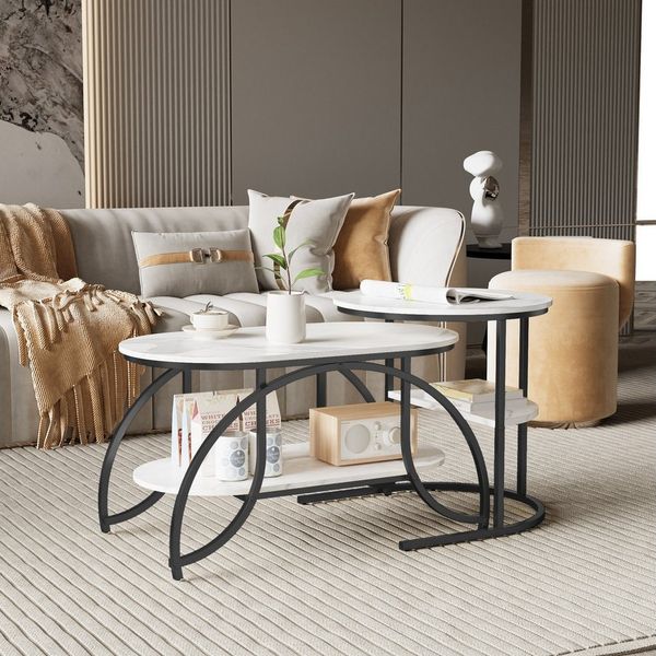 Furnishings Home Couchtisch Kaffeetisch 2er-Set runde Beistelltische aus Holz & Metall (2-St, Platzsparendes stapelbares Design, 80 x 46 x 45 cm + 52x51 cm), Moderne Kaffeetische für Wohnzimmer Schlafzimmer