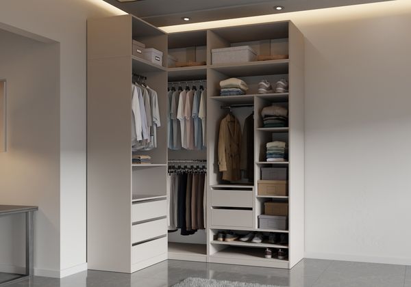 Marmex Möbel Tres Set-D/N Eckeinbauschrank mit Regalen, Schubladen und Kleiderstangen, offener Kleiderschrank system mit Aufsatz, laminierte Spanplatte, graubeige cashmere 111/190 x 246 x 51 cm