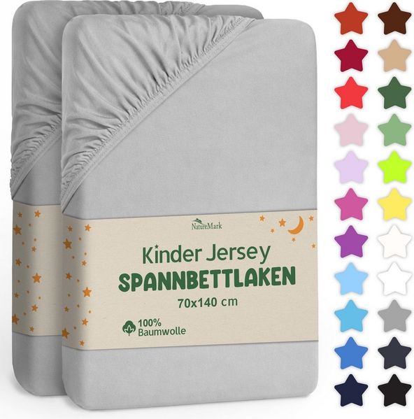 NatureMark 2er Pack Kinder JERSEY Spannbettlaken, Spannbetttuch 100% Baumwolle in vielen Größen und Farben MARKENQUALITÄT ÖKOTEX STANDARD 100 | 70x140 cm - silber grau