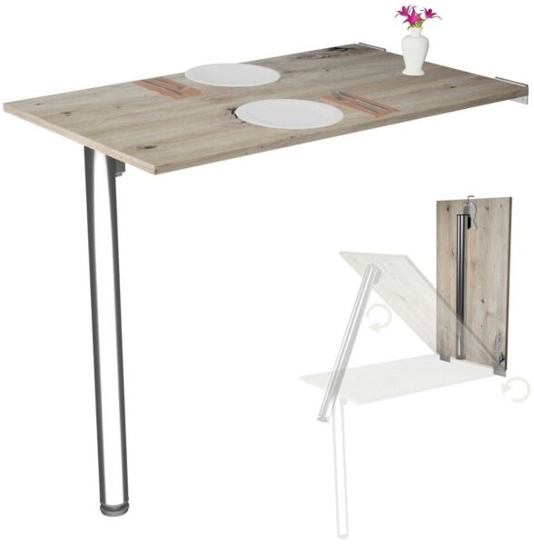 KDR Produktgestaltung Wandklapptisch Schreibtisch Tischplatte 80x50 cm in Eiche astig Klapptisch Esstisch Küchentisch für die Wand Höhe Tisch 74 cm zur Wandmontage mit Tischbein klappbar