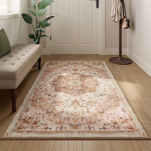 Songmics HOME Teppich, 80x150 cm, Wohnzimmerteppich, Rutschfester Teppich, traditioneller Vintage-Stil, für Wohnzimmer, Küche, Flur, Esszimmer, maschinenwaschbar, cappuccinobeige