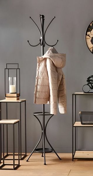 Dekoleidenschaft Garderobenständer "Modern Living" aus Metall schwarz 175 cm mit 8 Haken & Schirmständer, Garderobe, Standgarderobe mit Kleiderhaken, Flurgarderobe