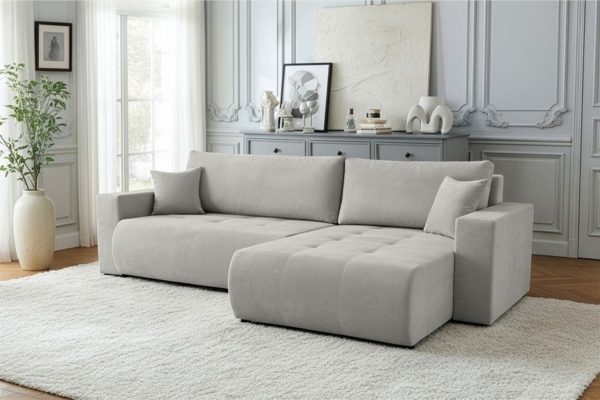 Ecksofa Schlafsofa Sofa ARMARI in Stoff Wind Grau Ottomane Links