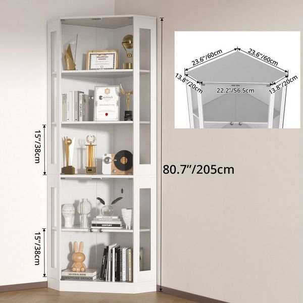 VOWNER Eckschrank 205 cm Beleuchtete Vitrine mit Glastüren, 5-stöckiges Eckregal (1-St) mit 3 Farblichtern & Bewegungssensor für Sammlerstücke, Bücher
