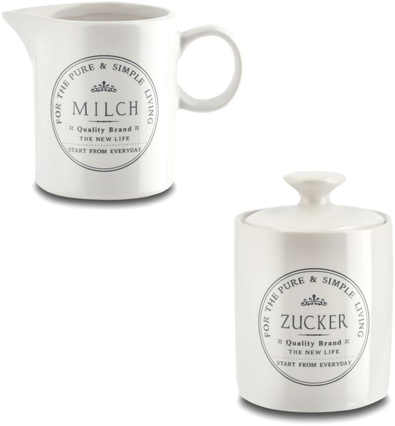 KHG Milchkännchen Zuckerdöschen Set Kapazität je 200 ml, Steingut Keramik Landhaus Vintage Stil Zierschrift, präziser Ausgießer, Henkelgriff, ideal für den Kaffee- und Tee-Service