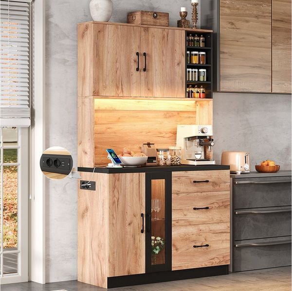Flieks Küchenbuffet mit Steckdose, LED-Beleuchtung und verstellbaren Einlegeböden (B105/T40/H180 cm, 1-St, Geschirrschrank mit Glas-Einlegeböden und Schubladen) Hochschrank Küchenschrank Holzoptik Geschirrschrank mit Arbeitsplatte