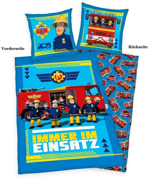 Herding Kinderbettwäsche 135x200cm Feuerwehrmann Sam Immer im Einsatz, Renforcé, 2 teilig, Feuerwehr im Einsatz, Löschzug, Blau