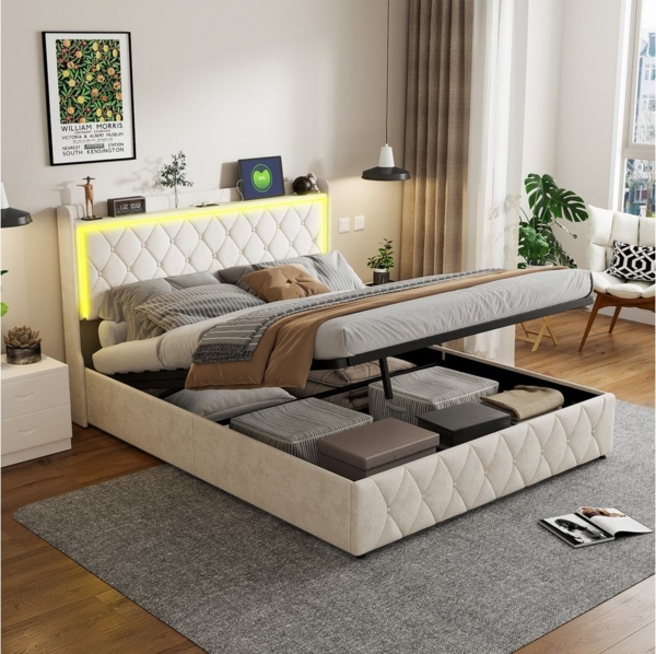 PXloue Funktionsbett Polsterbett, Hydraulisches Doppelbett, mit LED-Leisten, Samtbezug, 140x200