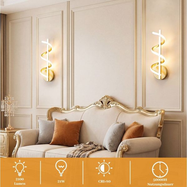 BlingBin LED Wandleuchte 14/21W 2100LM Wandlampe LED Modern, Warmweiß Wandbeleuchtung, gebogene Design, LED fest integriert, Warmweiß, Wandleuchte golden für Wohnzimmer Korridor Treppen und Flur