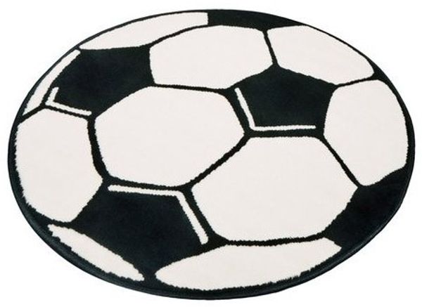 Kurzflor Kinderteppich Fußball, rund - weiß schwarz - 150x150x0,8cm