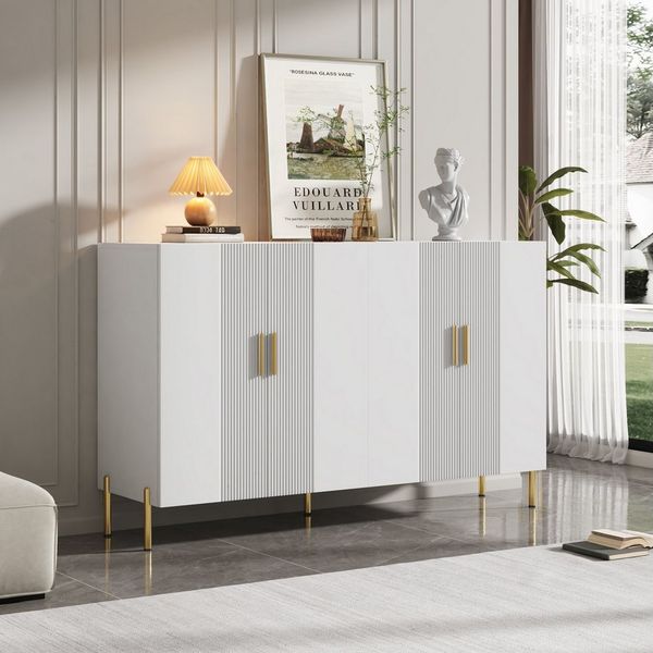 BlingBin Sideboard Moderner Einfacher Multifunktionaler Aufbewahrungsschrank mit 4 Türen (1er Set, 1 St, Maße: 160*35*100 cm, Max Belastbarkeit: 80KG), Esszimmerschrank Golddekoration, Weißer Matter und Goldener Griff