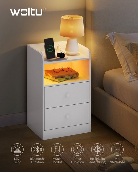 Woltu Nachttisch (1-St), Ladefunktion LED-Licht, 2 Steckdosen 2 USB