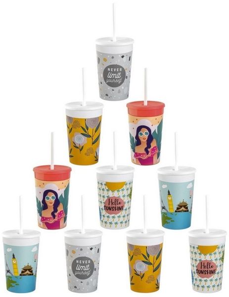 Engelland Kinderbecher Kunststoffbecher mit Deckel & Strohhalm, Bunte Mischung, 330 ml, 10-tlg, Kunststoff (BPA-frei), Trinkbecher, Partybecher, Kindergeburtstag, Plastikbecher, Mehrweg