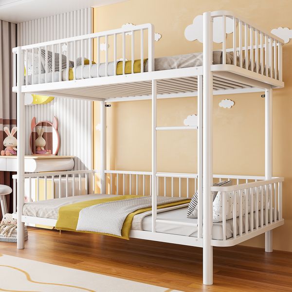 Merax Metall-Etagenbett, Kinderbett 90*200, mit abgerundeten Ecken, erhöhten Beinen, Sicherheitsgeländer, platzsparend, Weiß