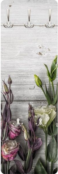 Bilderdepot24 Garderobenpaneel grau Blumen Floral Botanik Holzoptik Bretteroptik Tulpen-Rose Shabby (ausgefallenes Flur Wandpaneel mit Garderobenhaken Kleiderhaken hängend), moderne Wandgarderobe - Flurgarderobe im schmalen Hakenpaneel Design
