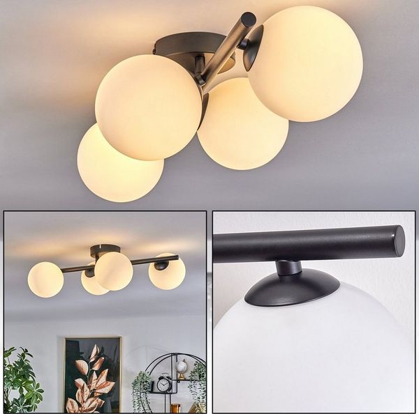 hofstein Deckenleuchte Deckenlampe aus Metall/Glas in Schwarz/Milchglas, ohne Leuchtmittel, Leuchte im Retro-Design aus Glas, 4 x G9 LED, ohne Leuchtmittel