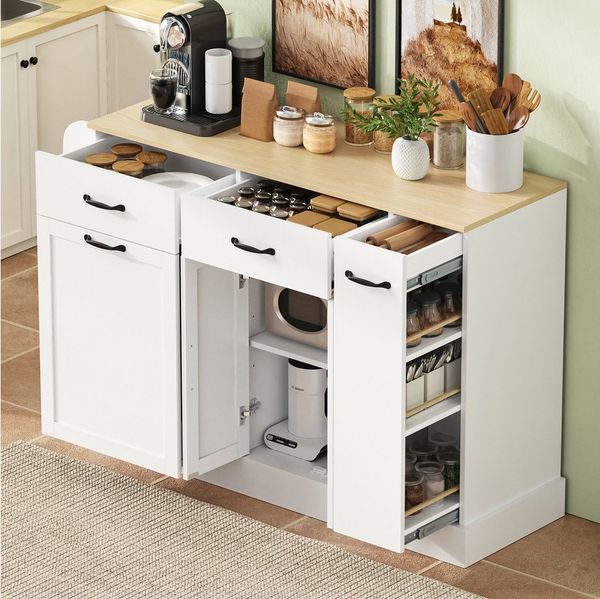 HAUSS SPOLE Sideboard mit Mülleimerfach,Küchenschrank mit Schubladen und Gewürzregal,Weiß (Buffetschrank 133.5×40×86 mit Abfallbehälterfach), für Esszimmer oder Wohnzimmer